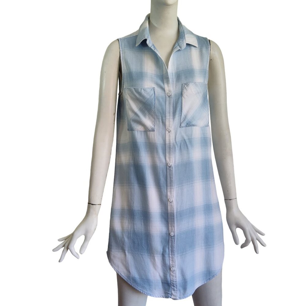 CLOTH & STONE Coastal Preppy Blue Plaid Button Front Tunic Shirt Dress Sz XS